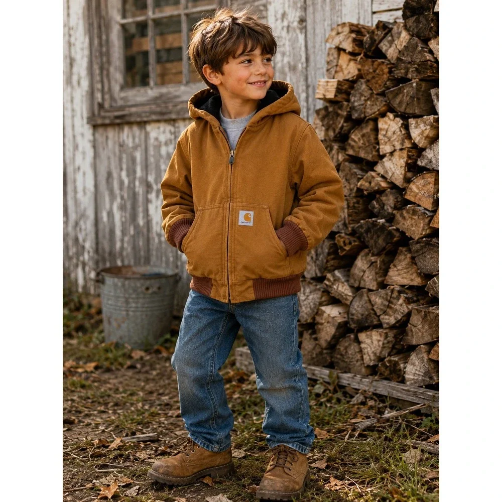 Carhartt Kids Insulated Duck Canvas Active Hooded Workwear Jacket Brown 7-8 S